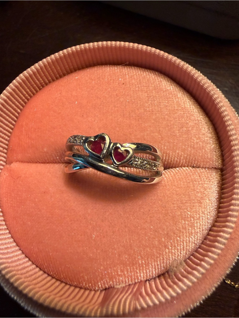 10K Silver Double Heart Ring with Red Gem Accents